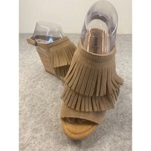 Minnetonka Ashley Taupe Suede Fringe Wedge Sandals Cork Heel Size 7